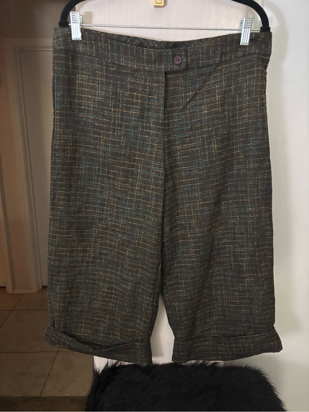 NWOT High-Waist Tweed Crop Pants in Olive Brown Plaid, Size XL**runs small**